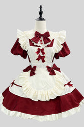 ワイン/ホワイト ショートスリーブ フリル ボウノット レース プラスサイズ スイートメイド ショート ロリータ ドレス